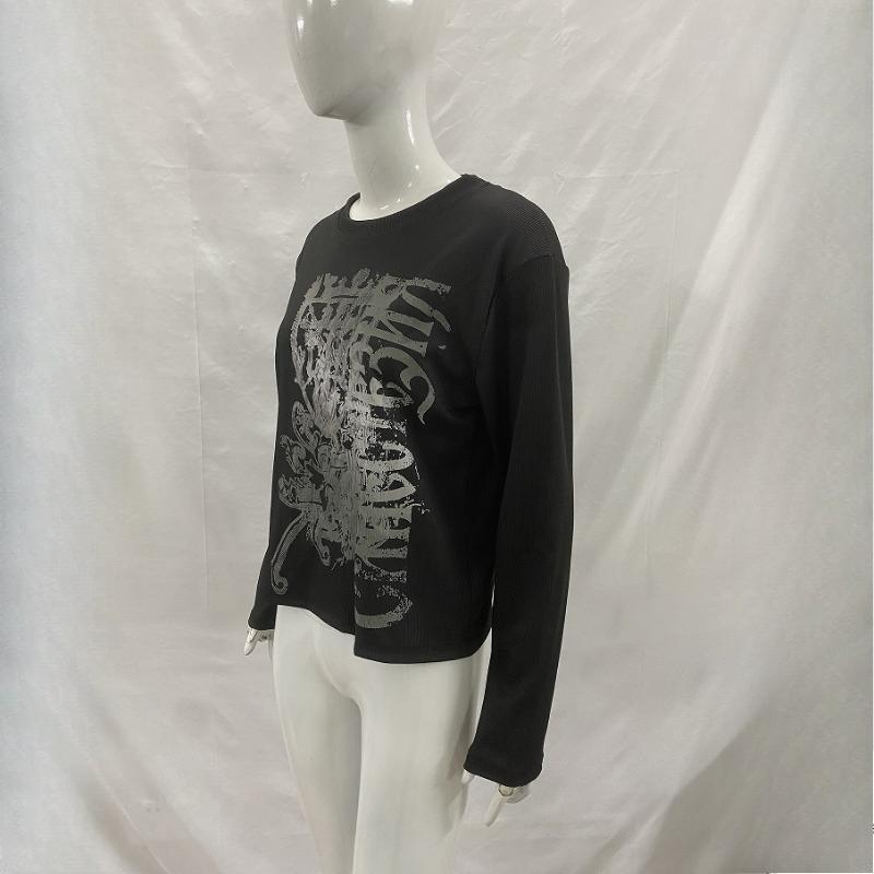 Europäisches und amerikanisches Y2K personalisiertes dunkles bedrucktes Rundhals-Langarm-Retro-Streetwear-Trend-Oberteil