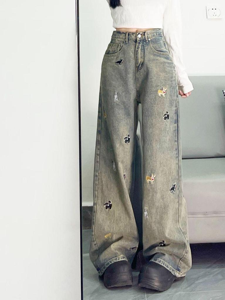 Women's Spring/Fall Loose Distressed Wide-Leg Jeans with Little Dog Embroidery