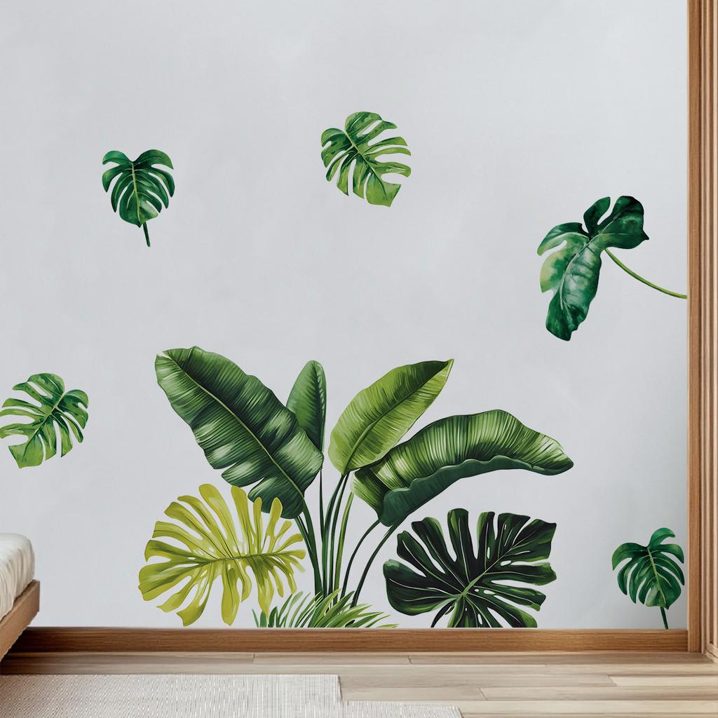 Tropical Green Plant Leaf Butterfly Wall Sticker Self-Adhesive Home Decor for Living Room Bedroom Entrance Decoration