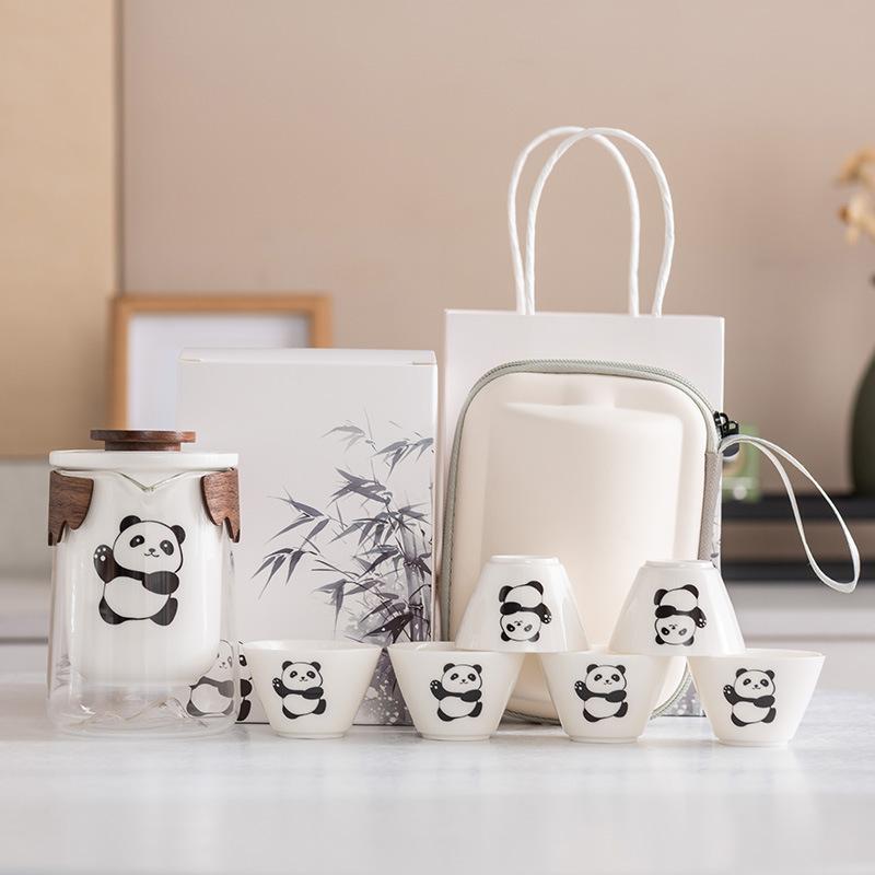 Panda Speckstein Jade Porzellan Reise-Teeset Outdoor Tragbar Sichuan Sehenswürdigkeit Geschäfts-Erinnerungsgeschenk