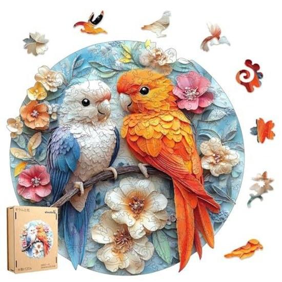 Qiuenisray Jigsaw Puzzle 200 Pieces Wooden Parrot Flowers (27.728.4cm) 3mm Thick Irregular Adhesive Sheet Adult Use Durable Laser Cut Cute Interior