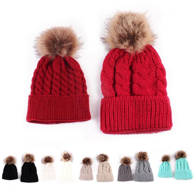 Pom Pom Hat in Matching Style for Parent Children Knitted Caps in Solid Color
