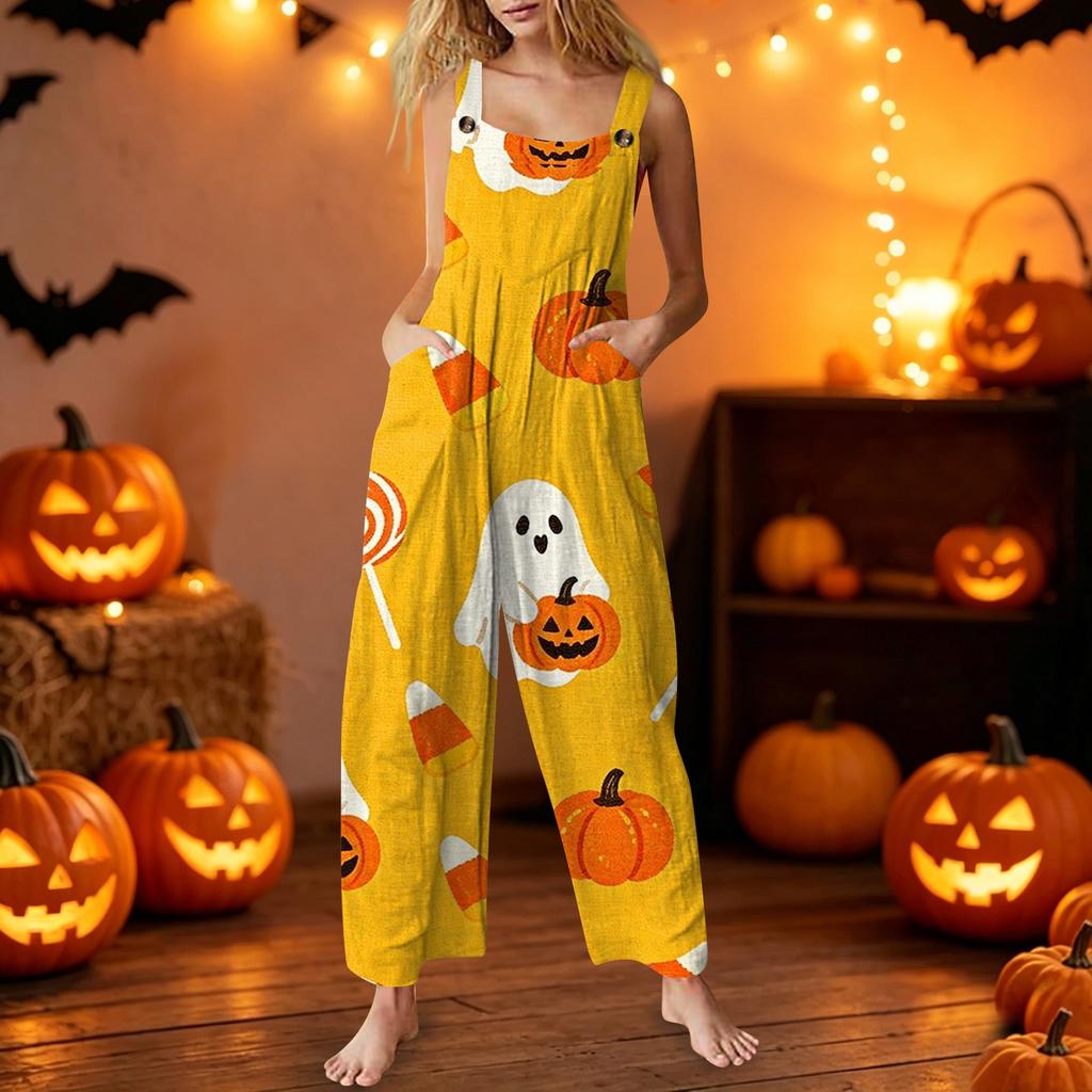 Women Sleeveless Casual Cotton Jumpsuit Halloween Pattern Loose Fit Overalls with Pockets for Daily Wear