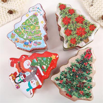 Christmas Tree Shaped Tin Case Xmas Santa Claus Biscuits Cookies Candy Storage Metal Box Snowman Printed Sealed Jar Organizer