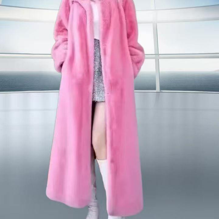 Autumn and winter new medium and long imitation mink fur coat thickened with hat fur coat women's fashion