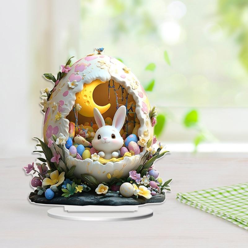 2D Holiday Table top Decoration Acrylic Ornament Features Lovely Rabbit Eggs for Festive Home and Office Display