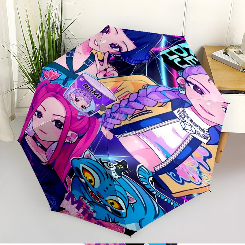 KPop Demon Hunters Print Automatic Open Close Umbrella, Portable Foldable Umbrella, for Outdoor Commute Camping Trip, Ideal Birthday Gift