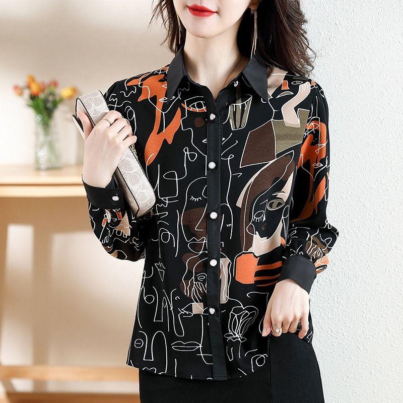 Fashion Printed Shirt  Spring Autumn Commute Single-breasted Casual Korean Polo-Neck Spliced Women's Clothing Loose Blouse