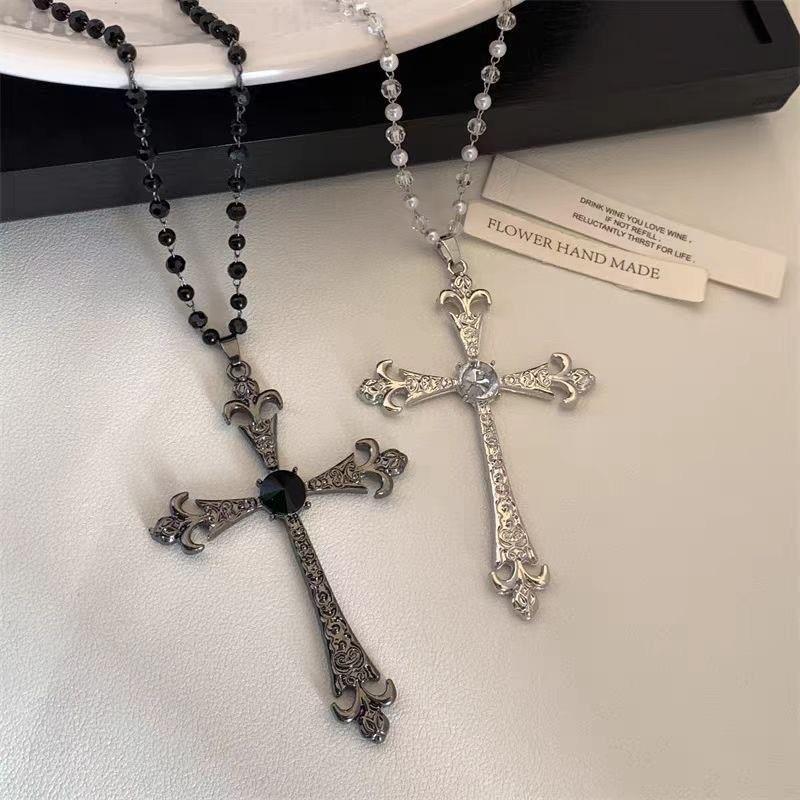 Gothic Rhinestone Cross Necklace - Retro Dark Sweet Clavicle Chain