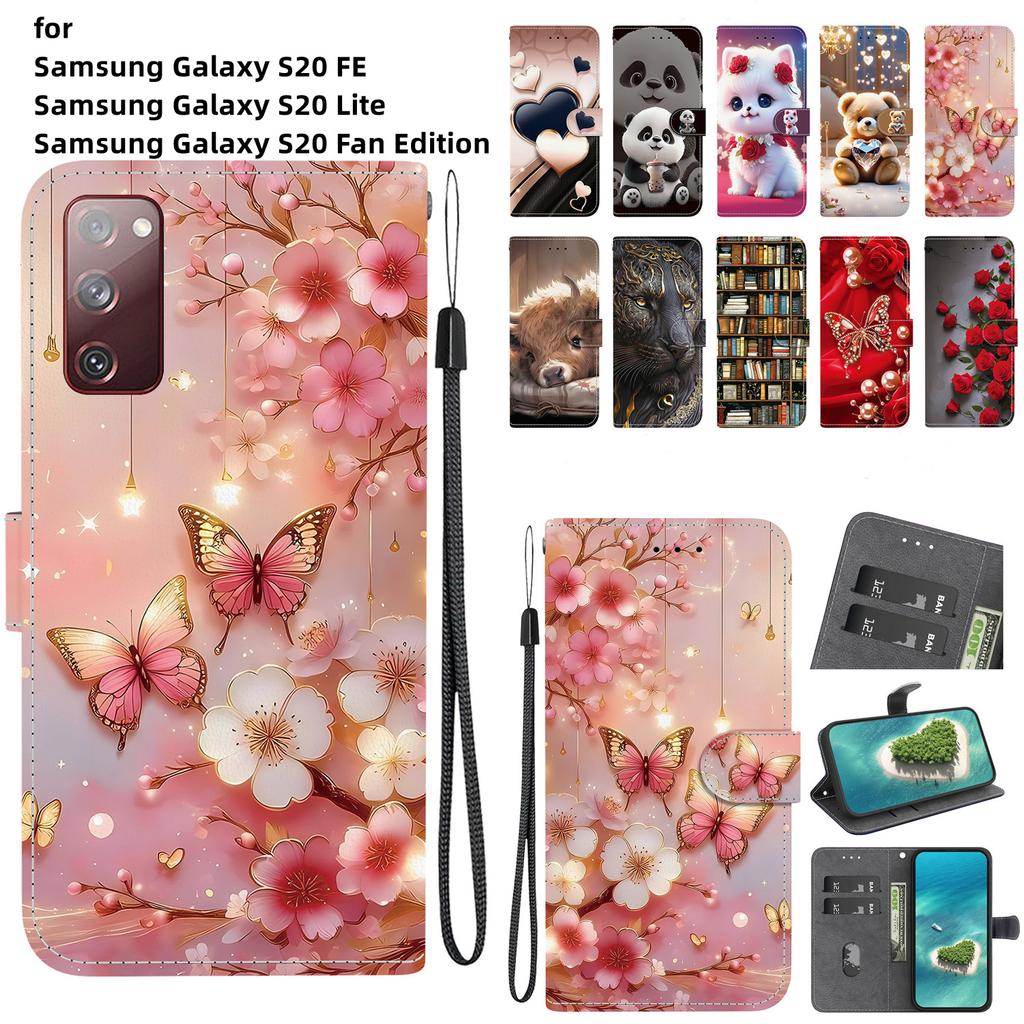 Handgefertigte PU-Leder-Flip-Hülle für Samsung Galaxy S20 FE/S20 Lite (SM-G781B/G780F) Rutschfeste Stoßfeste Hülle mit Handschlaufe & Herz/Rose Katze Designs