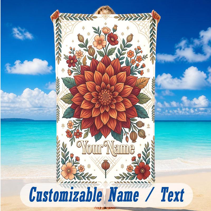 Floral Garden Theme Beach Towel Personalized Custom Name & Text Soft Quick Dry Beach Towel for Swimming Travel