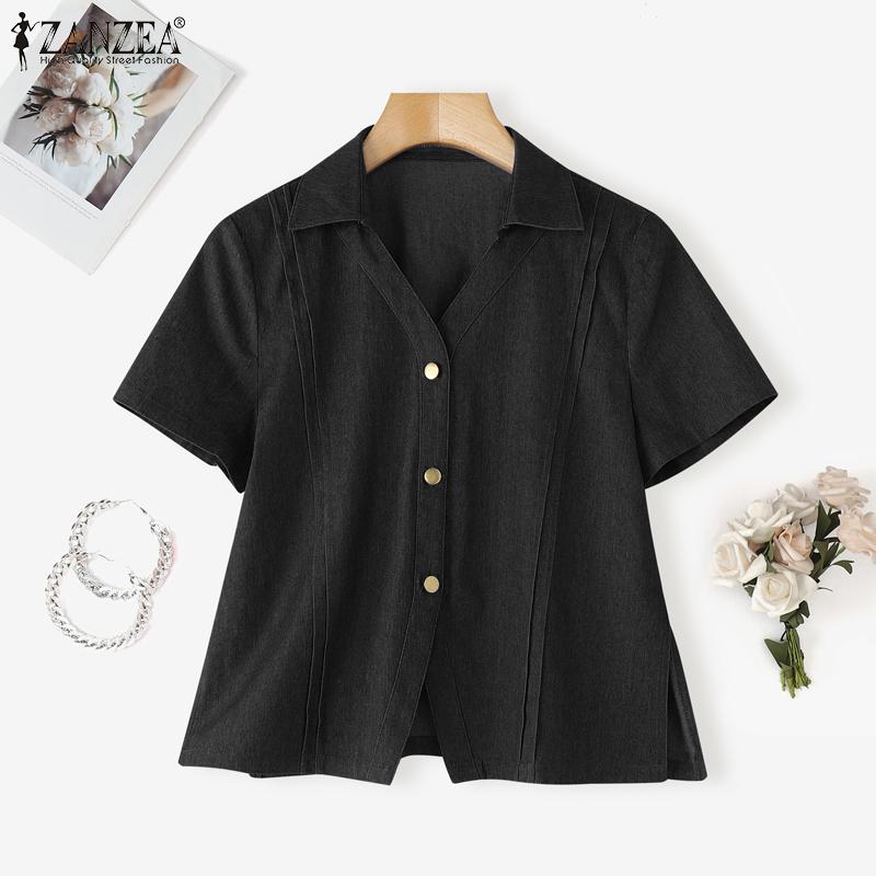 ZANZEA Women Lapel Short Sleeve Buttons Casual Short Blouse Shirts