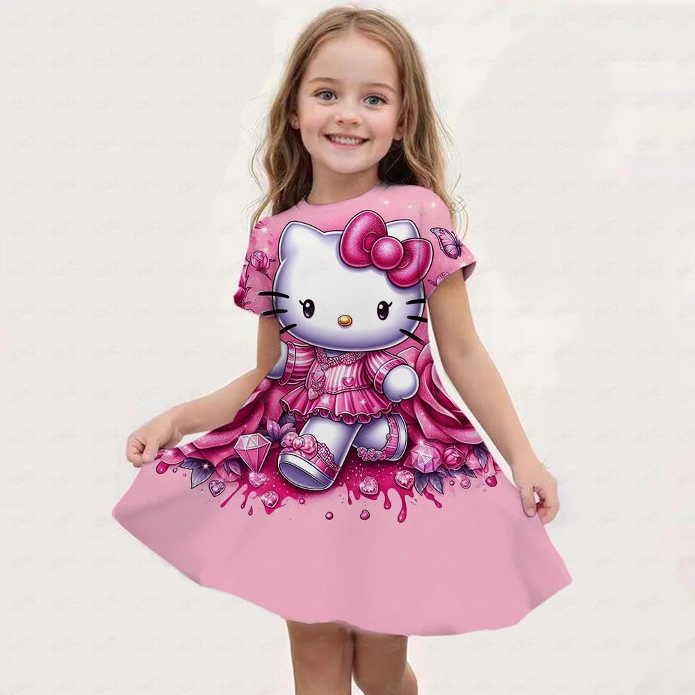 Hello Kitty Kuromi Summer Dress Girl Dresses Children Dresses Kawaii 3d Cartoon Print Cute 2024 Girl Clothing Vestidos