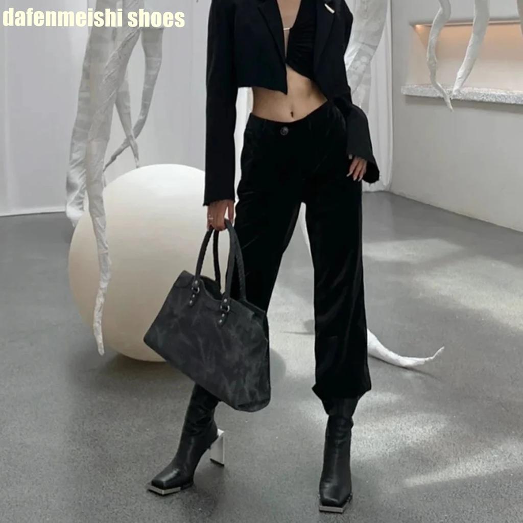 Fashion 2025 New Style Strange Style Heel Women Boots Metal Square Toe Square Heel Back Zipper High Heel Ankle Boots Novelty Short Boots