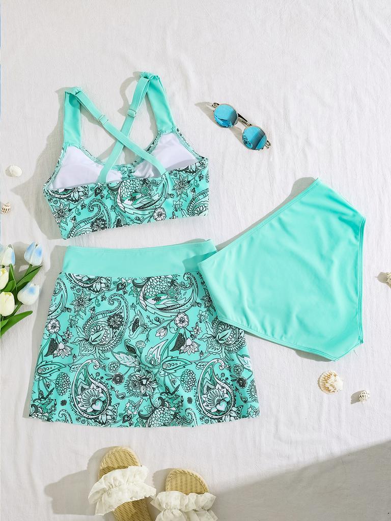 Bikini Due Pezzi Stampa Coulisse Vita Alta Taglie Forti Set Tre Pezzi Elegante
