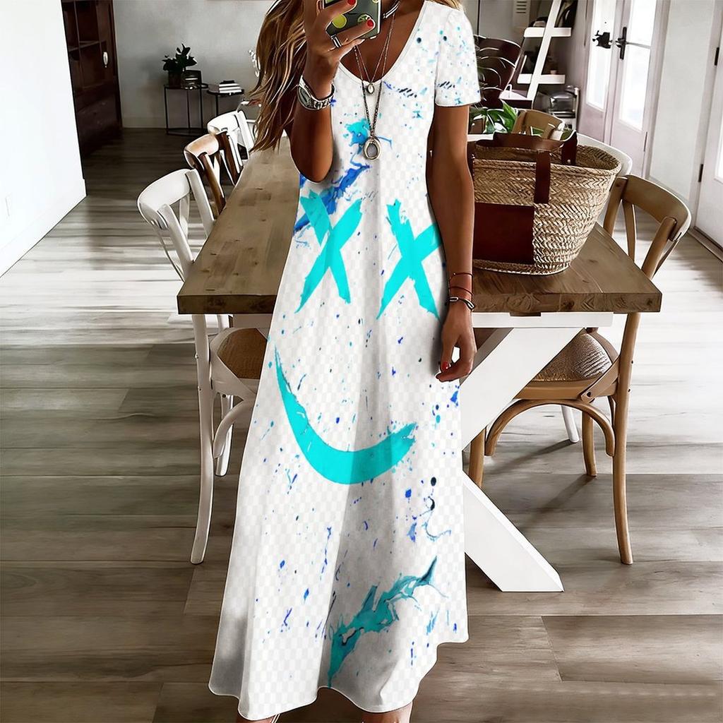Women Plus Size V Neck Short Sleeve Printed Long Straight Dress White Purple