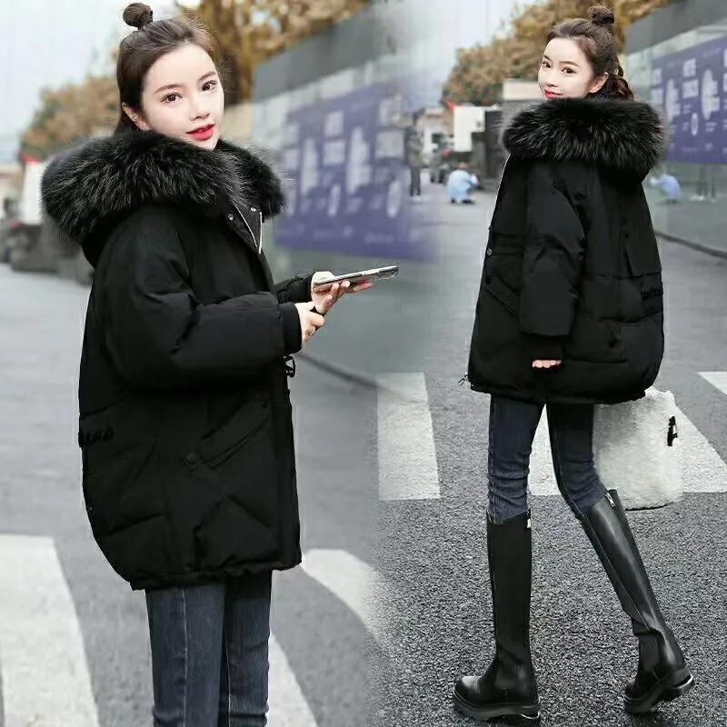 Women's Winter Loose Thick Korean Warm Workwear Jacket Big Fur Collar Hooded Coat