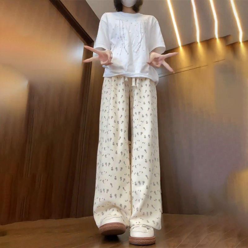 Floral Print Drapey Athletic Pants for Women - Summer Thin Wide-Leg High-Waisted Loose Versatile Straight-Leg Casual Trousers