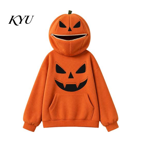 Holiday Party Apparel Women Oversized Halloween Pumpkin Hoodie, Fall Long Sleeve Hooded Casual Top Sweatshirt with Pocket, Jack-O-Lantern Costume