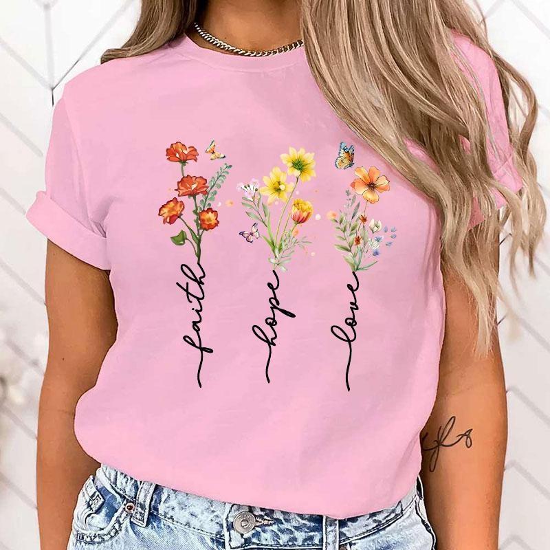 Women's Blouses Faith Hope Love Flower Letter Print T Shirt Women Summer Short Sleeve Fashion Summer Casual T-shirt