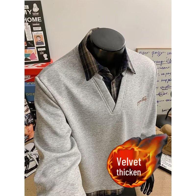 

Men s Autumn Winter Patchwork Plaid Hoodie - Retro College Style with Velvet, Fake Two-Piece Design for Couples XL