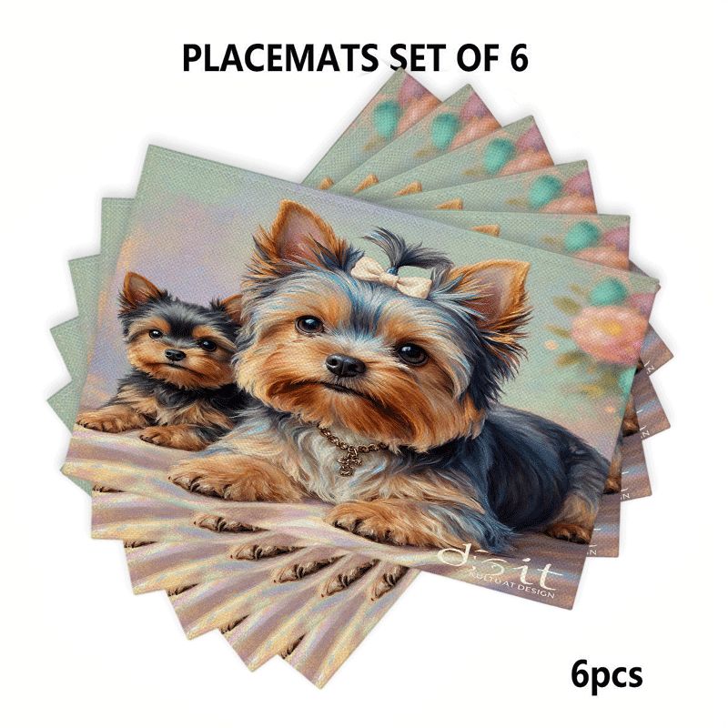 4/6pcs Rectangular Placemats - 12X18 Inch Cartoon Yorkshire Terrier Table Mats with 2D Element Design