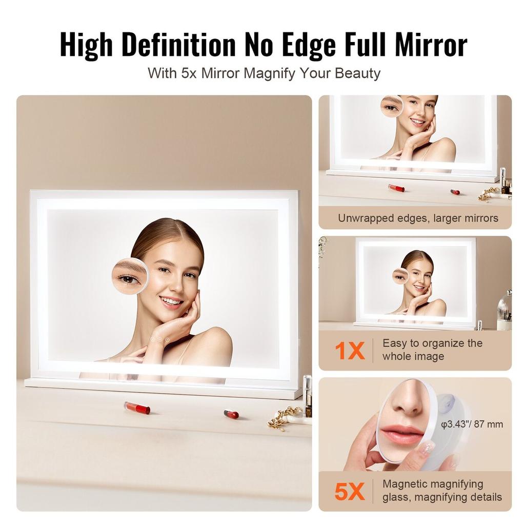 Lighted Makeup Mirror 3 Color Vanity w/ USB Desktop Wall-mount 31.5x21.7in