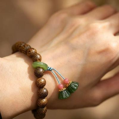 Exquisite Sandalwood & Jade Lotus Pod Bracelet with Amber Buddhist Beads - Ethnic Women's Jewelry.