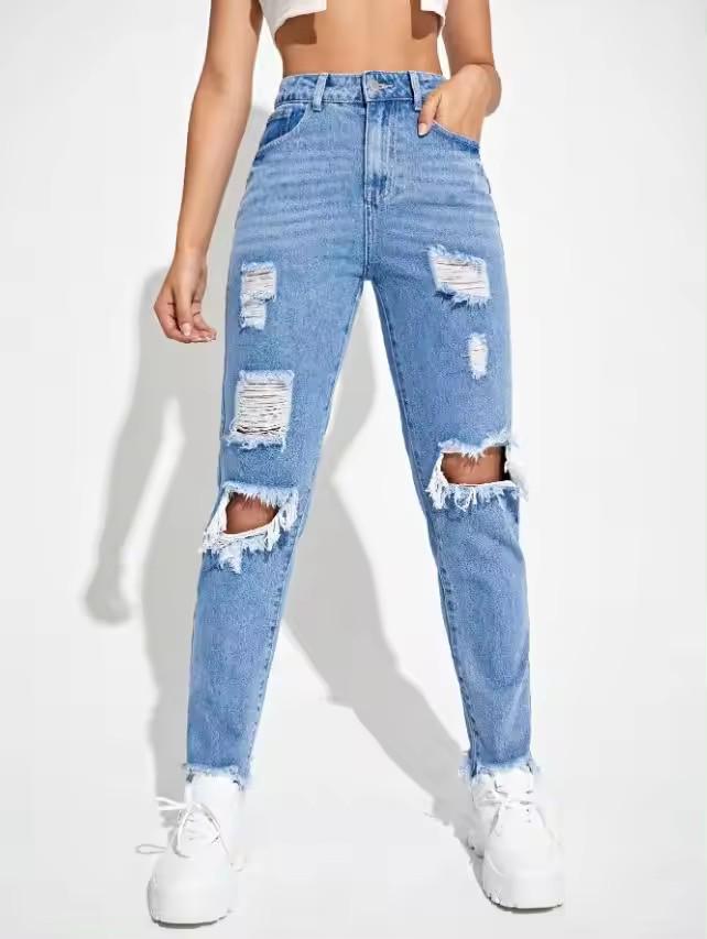 

2024 High-Quality Women s Ripped Denim Jeans - European and American Solid Color Long Pants L синий