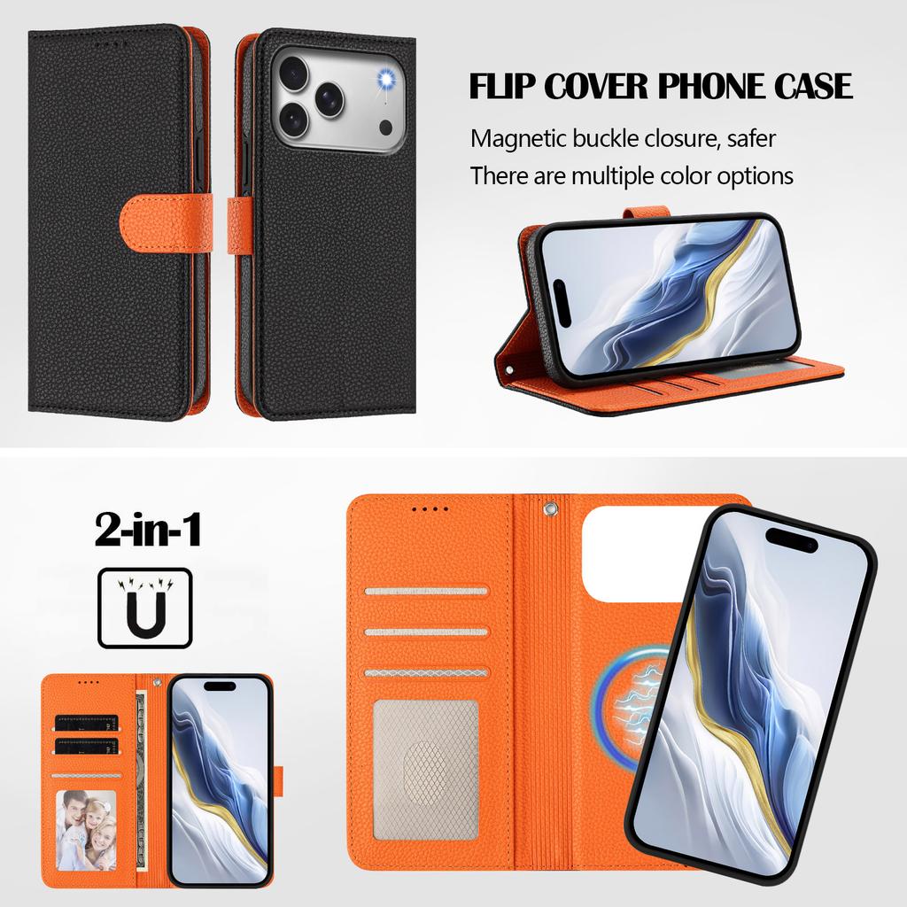 For iPhone 17 Pro Leather Case Detachable Wallet Magnetic Phone Cover with Hand Strap