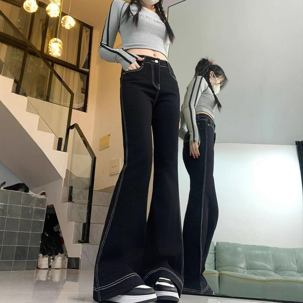 Not Sticky Legs High Waisted Large Size Black Micro Flared Wide Leg Jeans Women Spring Autumn Draped Drag Floor Long Trousers Long Denim Pants