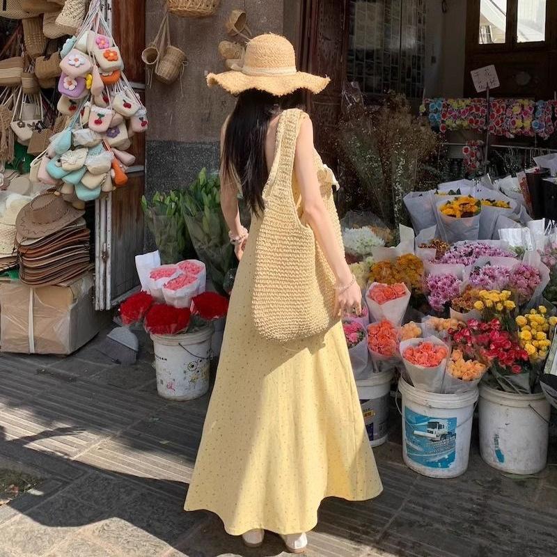 French floral bow suspender dress women's summer new temperament slim and thin chic long skirt