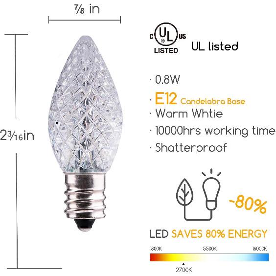25 Pack C7 Led Replacement Christmas Light Bulb, C7 Shatterproof Led Bulbs for Christmas String Lights, E12 Candelabra Base, Commercial Grade