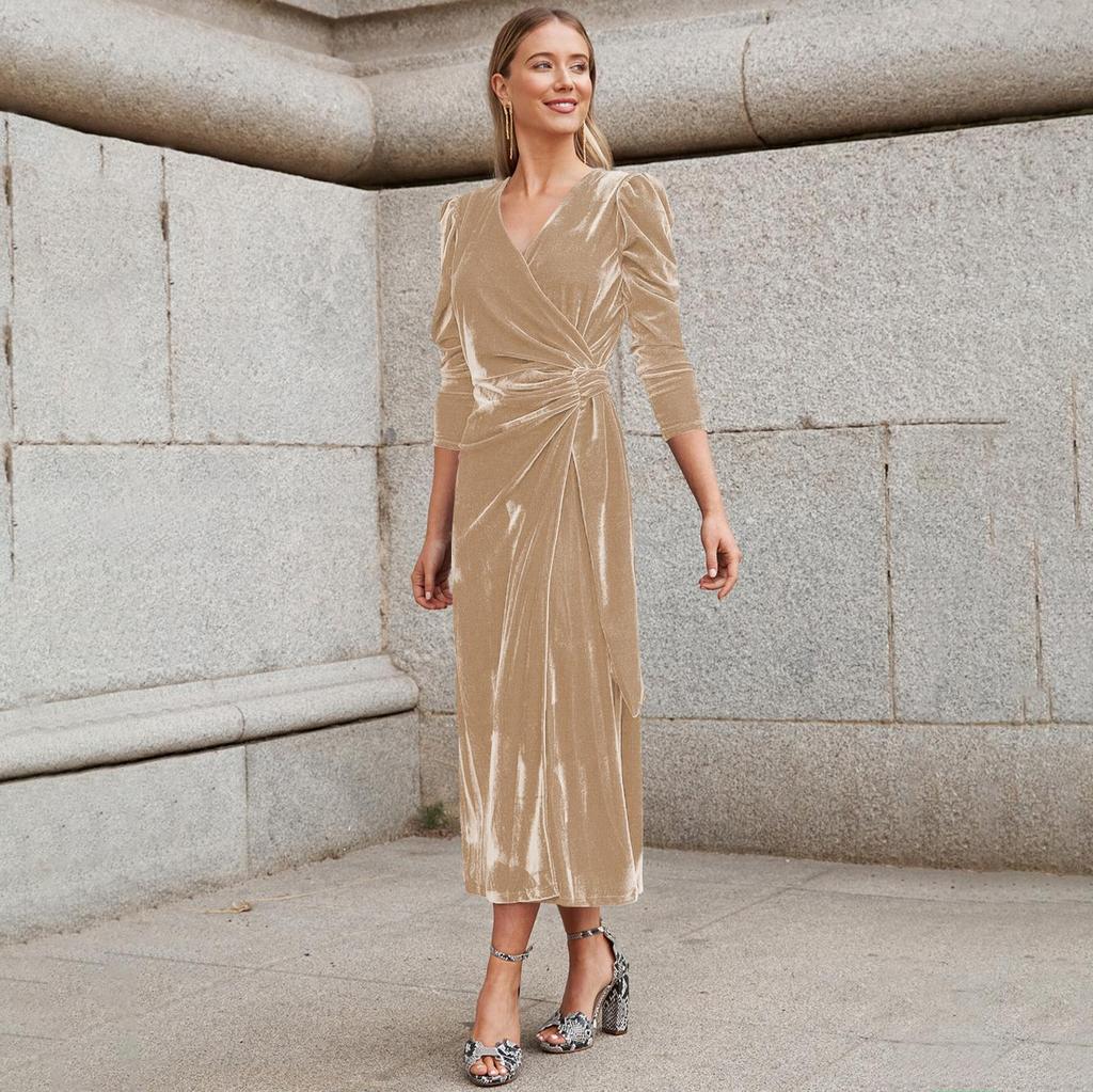 Kadın Bahar Gece Elbisesi Uzun Kollu Zarif V Yaka A-Line Yüksek Bel Kemeri Uzun Kadife Elbiseler Düz Renk