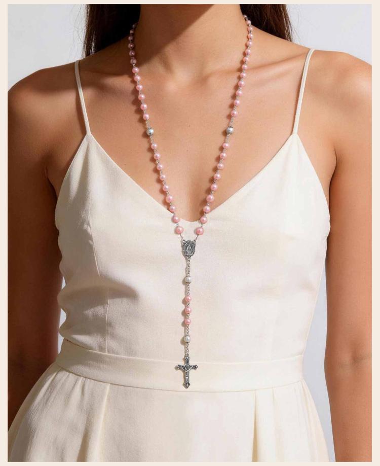 Collana Rosario Perla Rosa Perline di Preghiera Cattoliche Medaglia Vergine Maria Collana con Croce Religiosa per donne Gioielli Religiosi Regalo