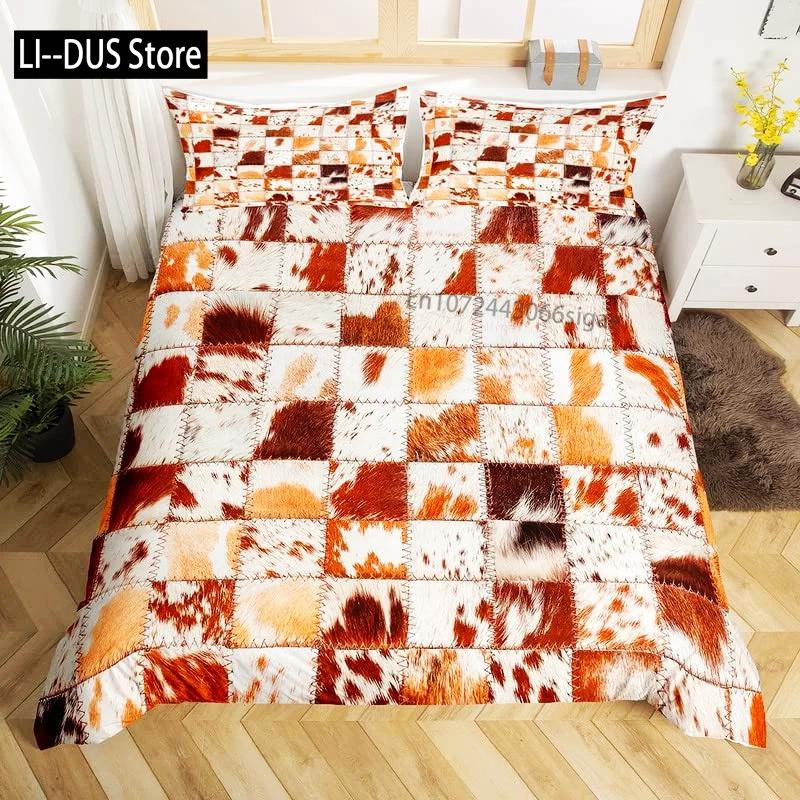 Cowhide Print Duvet Cover Queen Microfiber Western Farmhouse Animal Skin Fur Bedding Set 3pcs for Kids Teen Cow Quilt Cover