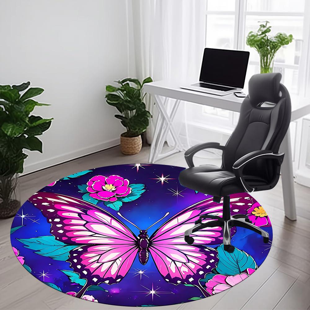 1PC Butterfly Flowers Office Round Area Rug, Indoor Mat Suitable ForOffice, Under Office Chairs Bedroom Living Room Home Decor, Room Deco, D018