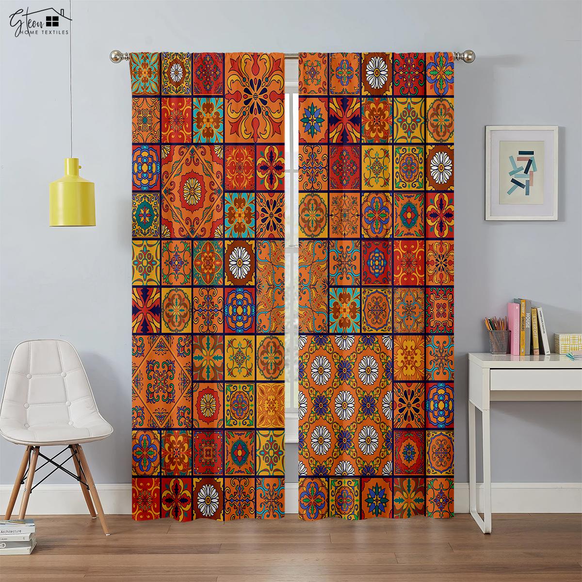 

2 Pack Bohemian Colorful Plaid Pattern Printed Drapes Suitable For Bed Room Living Room Study Room Decorationative Curtains W50xH130(CM)x2PCS&Grommet Top
