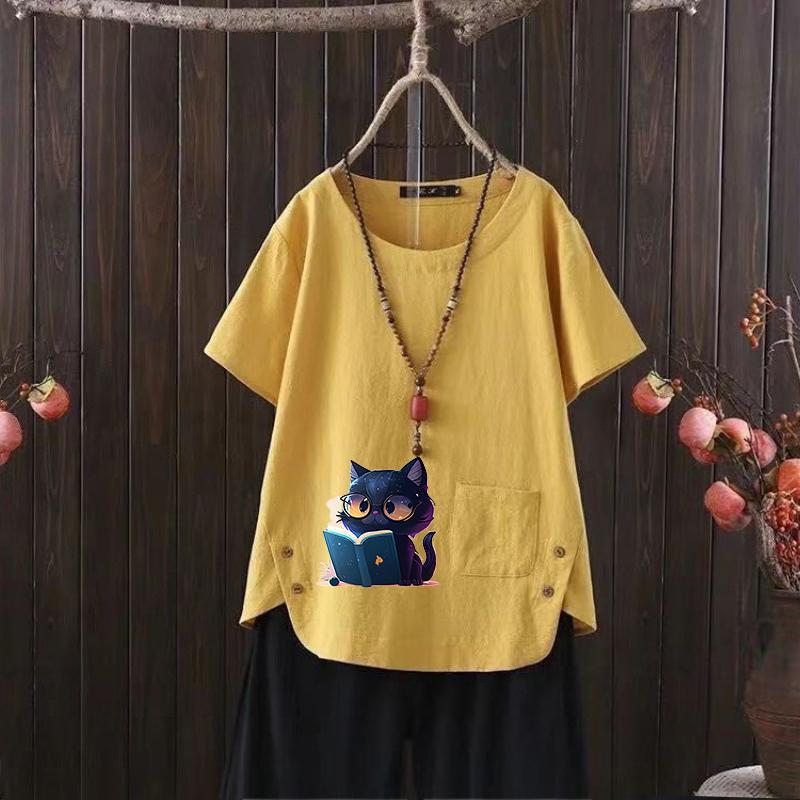 Summer Beach Day Linen Shirt, Women's Graphic Tee, Boho Print Short Sleeve, S-4XL