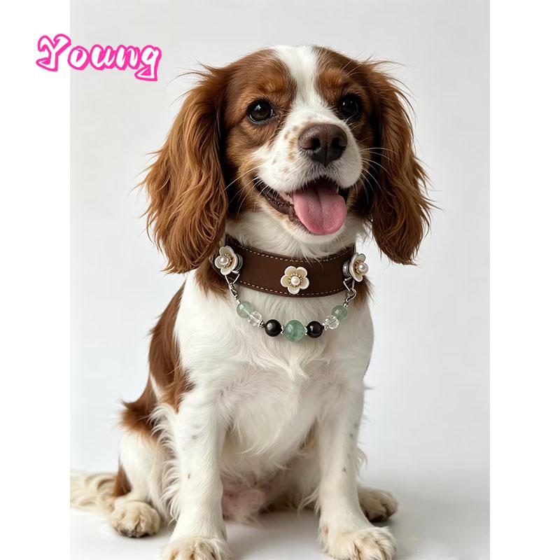 Luxury Leather Natural Crystal Charm Dog Collar Green Fluorite Double Cat's Eye Silver Obsidian Clear Quartz Beaded Pet Necklace
