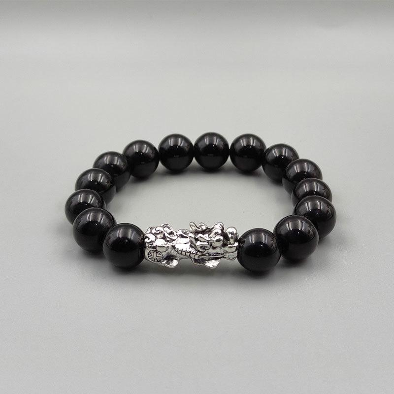 Ethnic Antique Silver Pixiu Unisex Bracelet with Imitation Obsidian Buddhist Prayer Beads