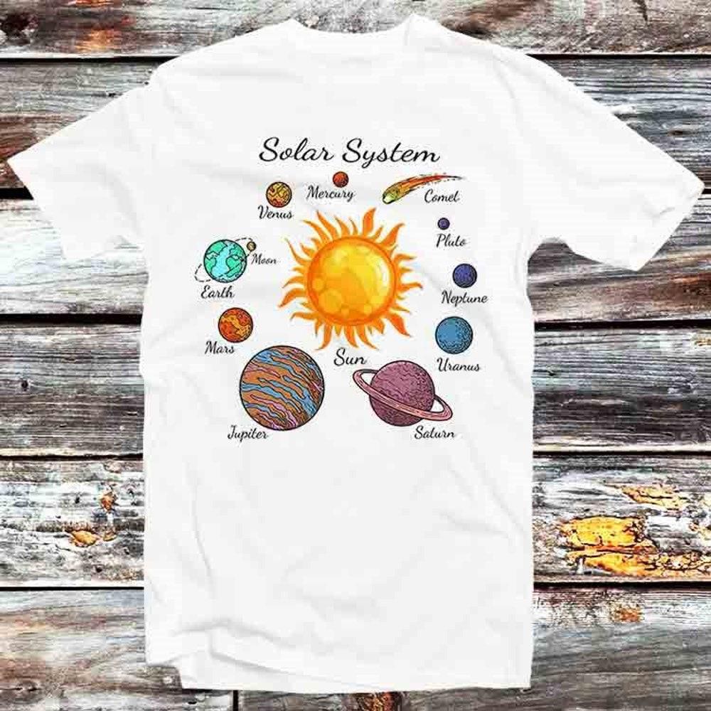 

230GSM 100% Cotton T-Shirt Solar System Planets Sun Earth Comet Pluto Saturn Moon Venus Mars T Shirt Vintage Retro Gift Unisex Cartoon Anime Top Tee B XS белый
