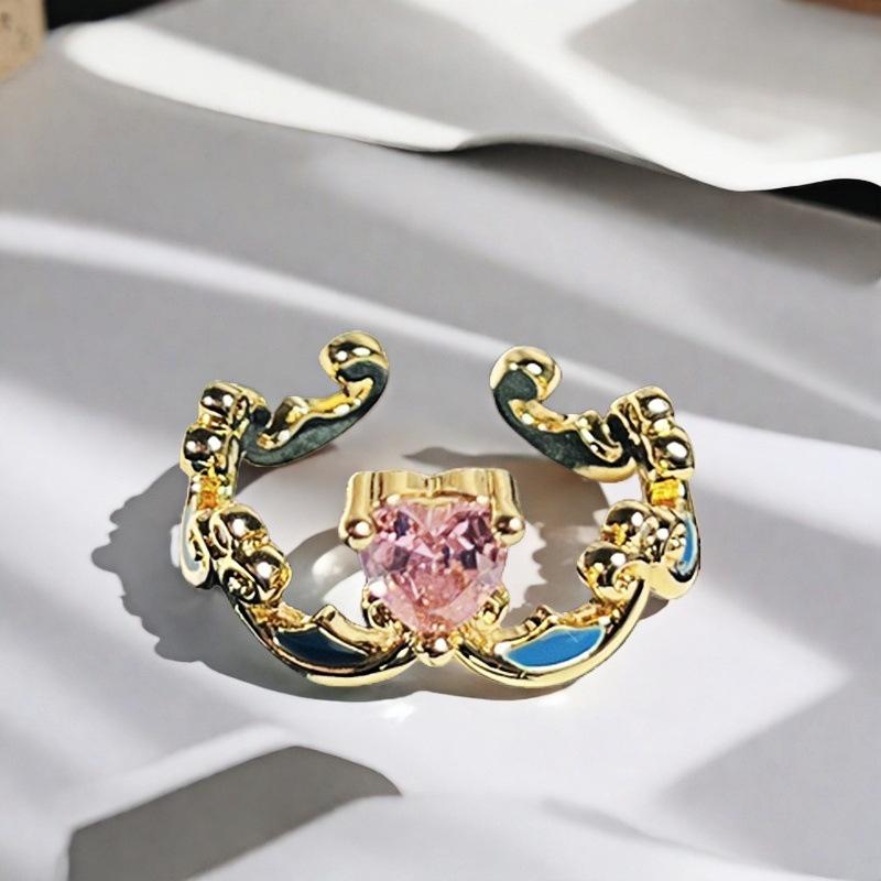 Sweet Girl Heart Pink Love Zircon Crown Open Ring Niche Design Light Luxury High Sense Fashion Ring