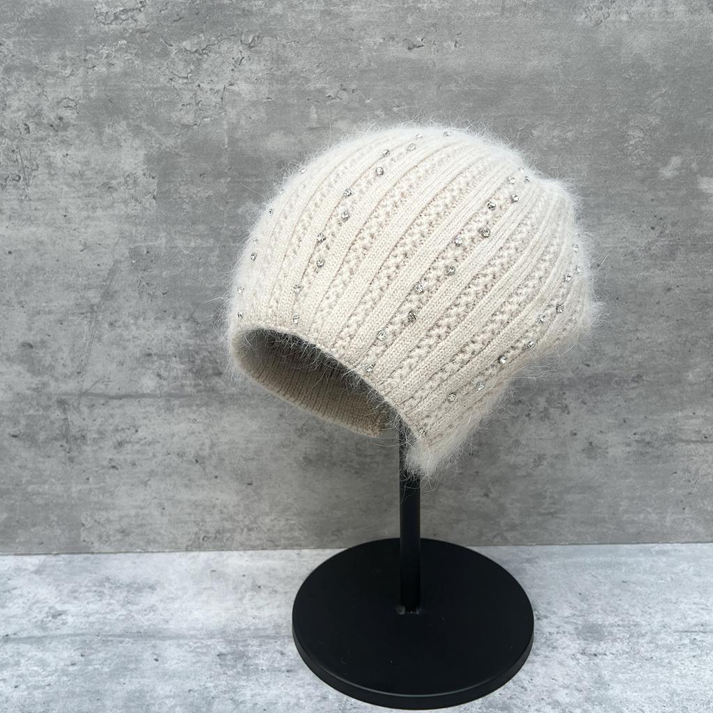 Rabbit Fur Hat Female Winter Hot Drill Thickened Warm Wool Hat Knitted Hat Stack Hat Winter Ski Hat
