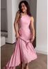 2025 Summer European-American Women's Off-Shoulder Pleated Solid Color Dress