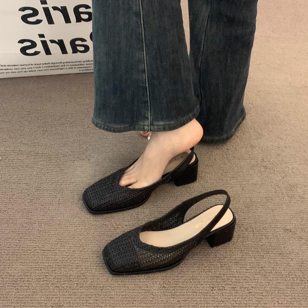 Spät Abendwind dicker Absatz Nische gewebte Bohème-Tasche Kopf Sandalen Feenschuhe 2025 Frühling und Sommer Urlaub leer einzelne Schuhe