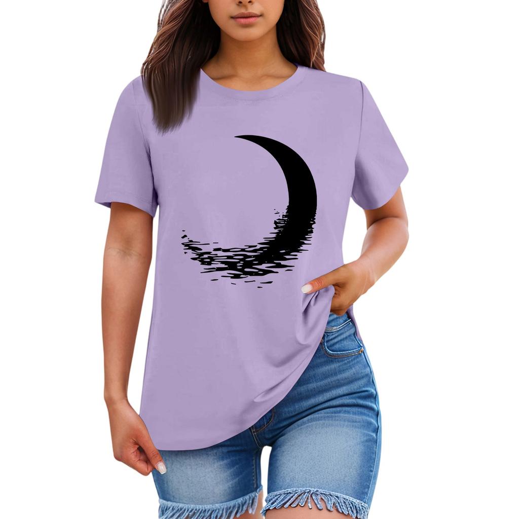Ladies' Loose Comfortable Casual Fashionable  Moon Pattern Printed Round Neck Short Sleeved Shirt