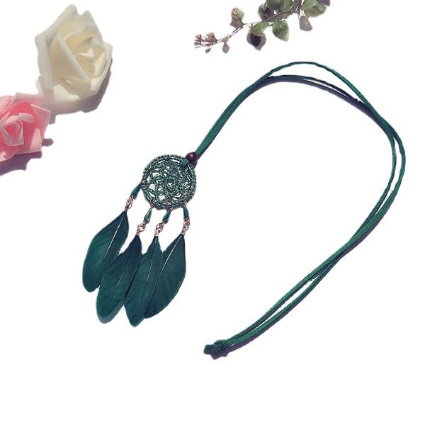 Ethnic Dream Catcher Necklace: Adjustable Velvet Choker with Crystal, Feather, and Clavicle Charms
