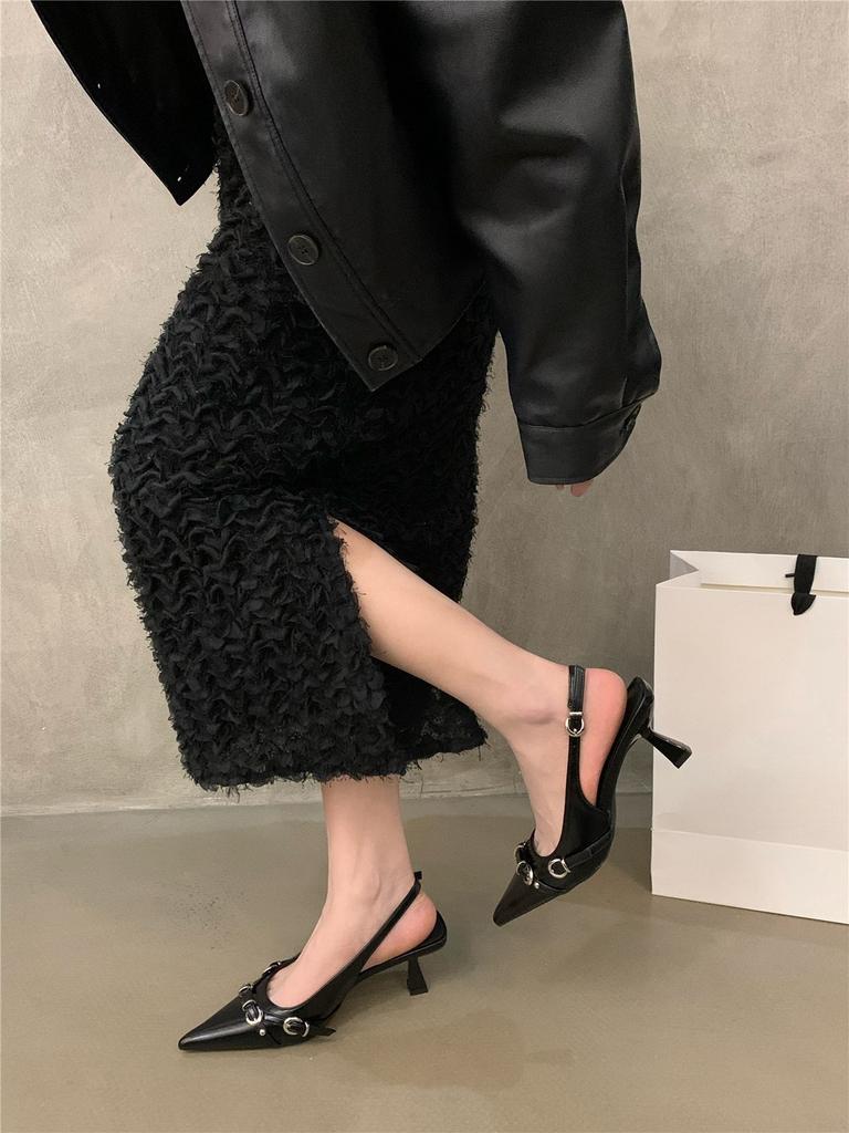 Temperament black patent leather pointed head bag head empty sandals women 2025 new spring and autumn stiletto high heels single shoes women