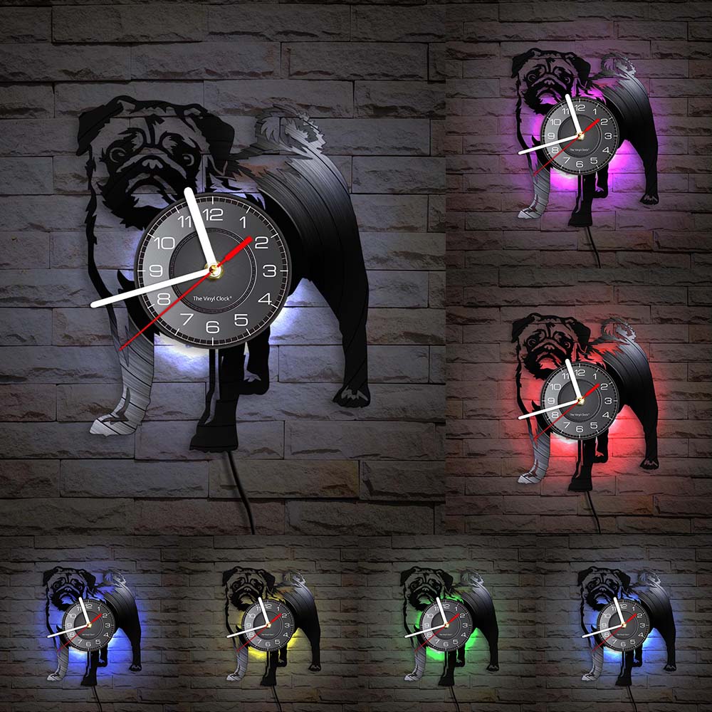 Pug Dog Breed Vinyl Record Wall Clock For Vet Clinic Pet Shop Decor Dutch Bulldog Puppy Carved Music Album Clock Dog Owners Gift